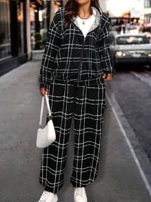 SHEIN LUNE 2 件套大码女式针织黑白条纹印花纹理拉链连帽衫夹克和松紧腰裤，休闲街头风格，秋季春季 - 黑色 - 查看 3