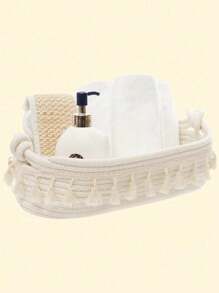 1pc Weave Fringe Decor Desktop Storage Basket For Living Room, Bedroom, Dorm, Office Desk, Room Decoration, Home Organizing Tray, Tabletop Clothes & Toys Storage Basket, Bohemian Rope Plant Pot Basket, Natural Mix Rattan Garden Decor, Metal Frame Boho Baskets For Outdoor Coastal Vibes, Geometric Basket - Multicolor - View 2