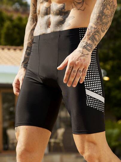 Manfinity Swimmode Bóxer de baño casual de cintura elástica con estampado geométrico para hombre, estilo hawaiano