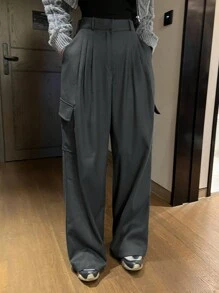 DAZY Pantalones largos sueltos con pliegues y bolsas para mujer - Gris - Ver 2