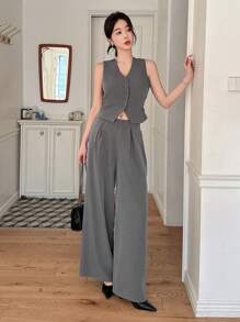 DAZY 2pcs Set Women Solid Color Vest And Wide Leg Pants Office Wear Work Women Clothes - Grey - View 6