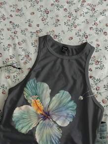SHEIN EZwear Casual Floral Pattern Crew Neck Tight Women Camisole Tank Top, Suitable For Summer - Dark Grey - View 6