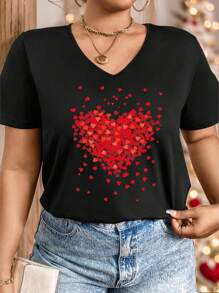 Calvaya Plus Size Heart Pattern V-Neck T-Shirt Graphic Tees Women Tops