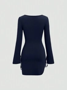 Sweetra Solid Color Square Neck Sexy Split Crossed Wrap Long Sleeve Y2K Dress For New Year Clothes Fall Cloth For Women