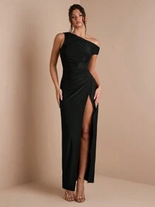 SHEIN BAE Vestido Envelope Assimétrico de Ombro Franzido de Cor Sólida Simples e Elegante com Fenda Alta, Adequado para Coquetel, Encontro Romântico, Vestido de Malha em Camadas, Festa, Vestido de Convidada de Casamento, Vestido de Halloween, Vestido de Natal - Preto - Visão 4