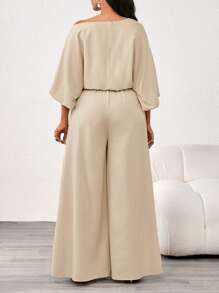 SHEIN Lady 秋冬季优雅复古工作休闲办公室香槟色编织不对称领舞会礼服主教袖新款连体裤 - 駝色 - 查看 2