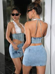 SHEIN ICON Women's Y2k Fashionable Sexy Lace Patchwork Backless Halter Denim Corset Top - Medium Wash - View 8