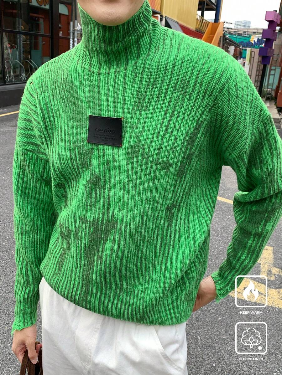 Manfinity Roghcode Men's Casual Color Block Striped Turtleneck Sweater, Autumn/Winter - Green - View 1