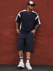 DAZY 2pcs Men's Summer Patchwork Contrast Letter Print Short Sleeve T-Shirt And Shorts Set