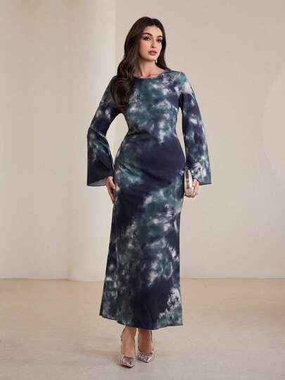 Graceveil 女士优雅阿拉伯扎染印花连衣裙，腰部系带，朴素