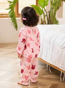 SHEIN 2pcs Baby Girl Cute Rabbit Full Print Textured Fabric Loose Fit Long Sleeve Top And Long Pants Casual Home Outfit Set - Pink - View 2