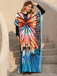 Swim Mulvari 夏季女士蝴蝶印花宽松休闲长款罩衫连衣裙，适合海滩度假 - 藍色 - 查看 5