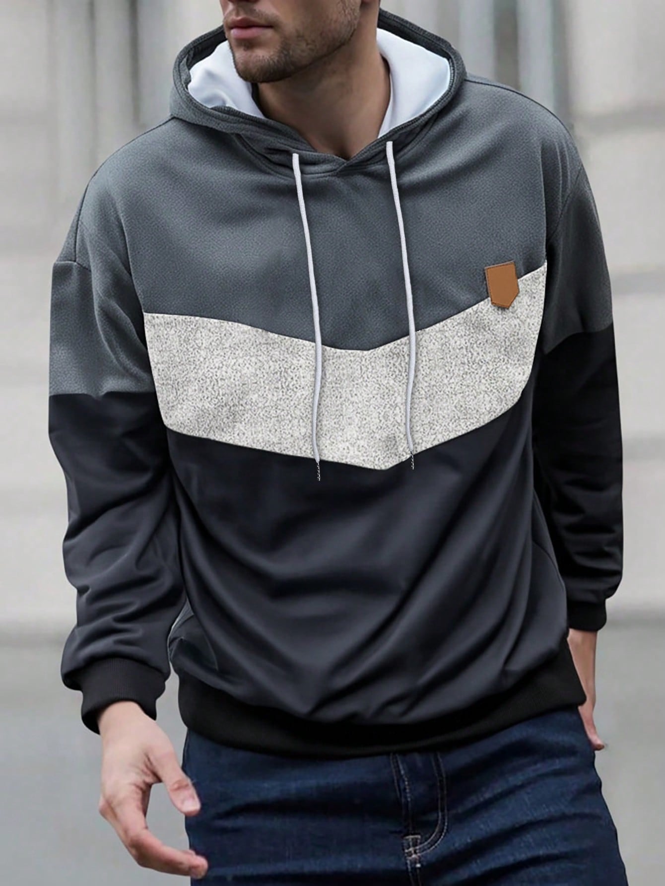 Men's Solid Color Patchwork Long Sleeve Hoodie, Casual Everyday Wear