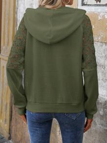 SHEIN LUNE Women's Autumn/Winter Water Soluble Lace Patchwork Cross Ribbed Casual Hoodie - Olive Green - View 2