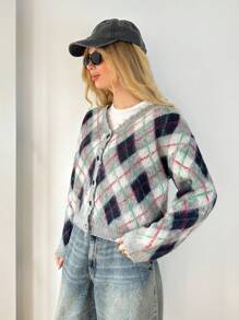 Forever 21 秋冬女士长袖/女士工作服/休闲/针织衫/办公室/V领/商务休闲/生日/新年晚会服装/度假/女士西装/女士毛衣/圣诞毛衣/新年/女士/趣味/格子毛衣开衫/优雅/复古风/毛衣开衫 - 彩色 - 查看 3