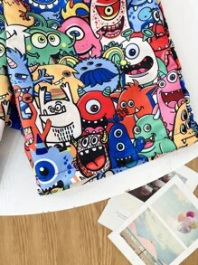 SHEIN 青少年男孩休闲度假全身可爱图案短裤沙滩裤泳装，适合海滩、游泳、冲浪度假 - 藍色 - 查看 4