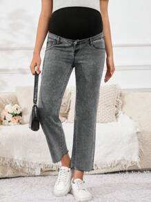 SHEIN Maternity Contrast Color Patchwork High Waist Tapered Leg Jeans - Grey - View 1