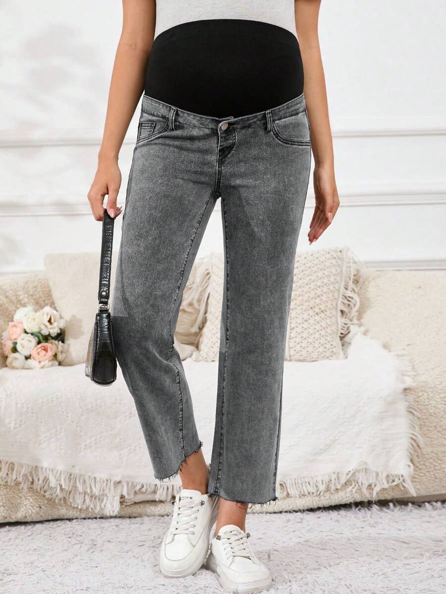 SHEIN Maternity Contrast Color Patchwork High Waist Tapered Leg Jeans - Grey - View 1