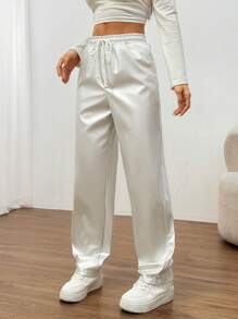 SHEIN EZwear Casual Minimalist Metal Drawstring Waist Long Pants - Silver - View 4