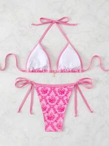 Swim Mod Random Print Women's Summer Holiday Beachwear Halter Neck Bikini Set - Pink - View 2