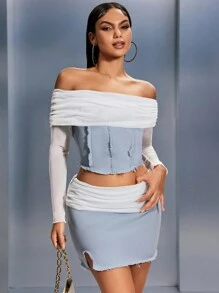 SHEIN SXY Women's 2 Pieces Set: Off-Shoulder Long Sleeve Top And Skirt - Multicolor - View 6