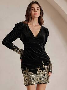Anewsta Women's Sexy Sequin Decoration Mini Dress, New Style - Black and Gold - View 3