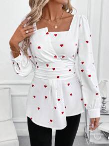 SHEIN Clasi 白色底心形图案束腰女式衬衫，情人节 - 紅白色 - 查看 4