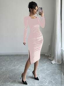 Chiquease Black Velvet Crew Neck Long Sleeve Backless Bowknot Slit Wrap Women Dress For Holiday Party Clothes Maxi Women Outfit Fall Cloth For Women - Baby Pink - View 6