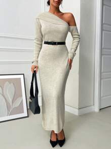 EURMUSE Woman One Shoulder Maxi Length Elegant Sweater Dress - Beige - View 1