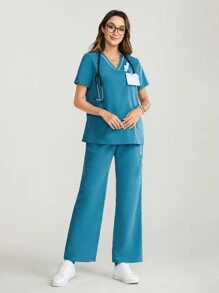 TaskEZ 2pcs Set Solid Color V-Neck Short Sleeve Top And Long Pants, Nursing Scrub Uniform - Teal Blue - View 6