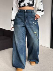 SHEIN EZwear Plus Size Loose Fit Ripped Blue Denim Wide Leg Casual Jeans Fashion Solid Retro Washed Baggy Women Jeans High Waist Straight Leg Jeans Wide Leg Jeans Winter Jeans Halloween Outfits Street Cool Style Streetwear Pants For Women Homecoming Fall Clothes