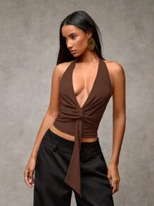 SHEIN BAE 女士酒红色纯色露背领褶皱飘逸上衣，适合休闲装、约会、夜间外出、新年派对、圣诞节、下午茶聚会、感恩节装扮、夏季上衣、可爱装扮 - 咖啡棕 - 查看 5