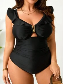 Swim Lushoire Plus Size Women Elegant Deep V-Neck Ruffle One-Piece Swimsuit, Solid Color Slim-Fit For Pool/Beach Summer - Black - View 6