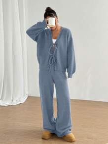 SHEIN Unity 2pcs Casual Lace-Up Cardigan Sweater & Sweatpants Set - Blue - View 5