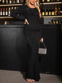 SHEIN PETITE Schwarzes Glitzer-Maxi-Kleid mit Schleifendetail und Langarm - Weiss - Übersicht 4