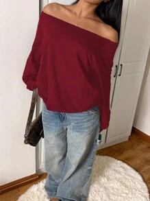 INAWLY 大码休闲不对称领纯色卫衣，春秋季，毕业季，教师节，返校季套头衫，秋冬季 - 酒紅色 - 查看 8