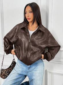 SHEIN EZwear Women's Fashionable New Distressed Leather Jacket, Autumn