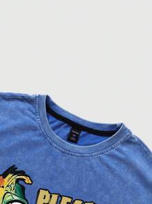 ROMWE MEN Street Life Men's Washed Portrait And Acid-Washed Short Sleeve T-Shirt, Suitable For Everyday Wear, Spring/Summer - Blue - View 6