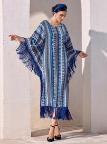 Al Najma Women Floral Print Patchwork Fringe Batwing Sleeve Turkish Dress Kaftan Jalabiya Dress - Multicolor - View 2