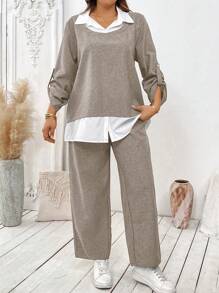Linhara Completo donna taglie forti, camicia a maniche lunghe e pantaloni a contrasto di colore, set 2 pezzi per l'autunno