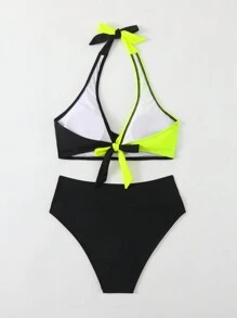 SHEIN Swim 2pcs/Set Women Solid Color Splice Bikini Top And Bottom Swimwear Summer - Multicolor - View 2