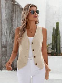 SHEIN LUNE Solid Button Front Vest Blazer Corduroy In Fall/Winter,Casual - White - View 4