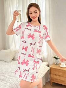Dream Adore Women's Round Neck Short Sleeve Bowknot Print Casual Sleep Dress