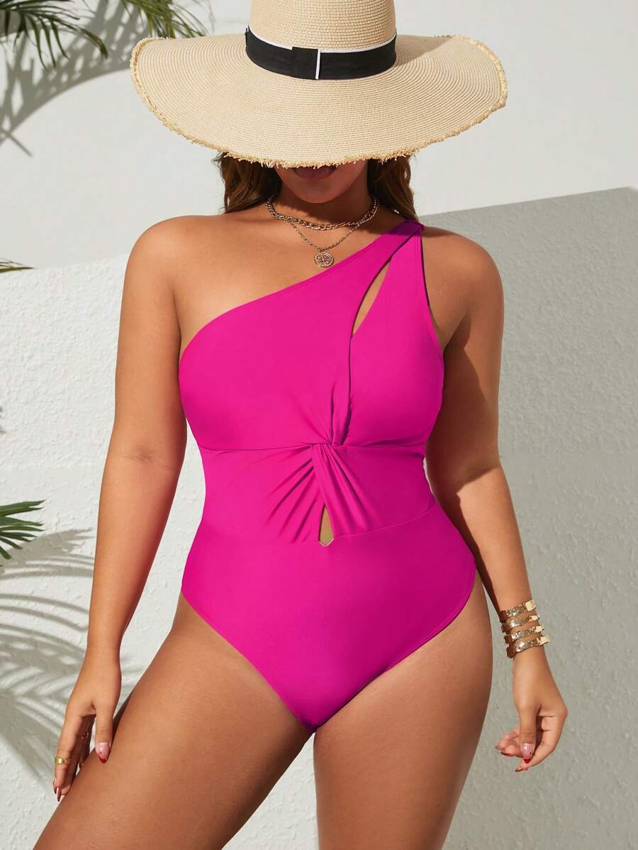 SHEIN Swim Curve 加大码连体纯色扭纹前镂空优雅休闲女式泳衣 - 玫紅色 - 查看 1