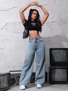 休闲洗水高腰直筒牛仔裤 - 淺色水洗藍 - 查看 3