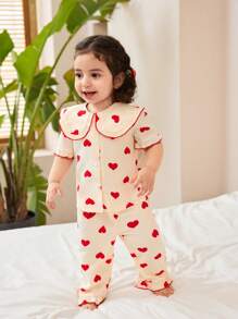 SHEIN 女宝宝简约时尚可爱心形格子印花短袖裤子两件套睡衣套装 - 紅白色 - 查看 8