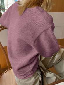 DAZY Jersey de mujer de cuello en V, estilo casual, color liso y neutro, adecuado para ir al trabajo y uso diario, atuendos de maestro - Morado - Ver 5