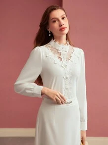 MOTF PREMIUM VESTIDO DE CORTE BIES CON ENCAJE DE CONTRASTE - Blanco - Ver 6