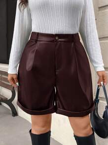 SHEIN Frenchy Plus Size Casual Biker Style PU Shorts - Red - View 3