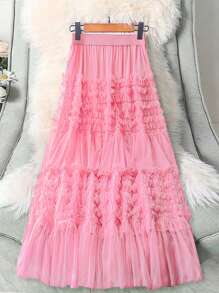 Flirla Plus Size Women Valentine's Day A-Line Cake Skirt, Multi-Layer Ruffle Textured Fabric - Pink - View 2